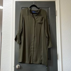 Olive green long sleeve button dress with tie